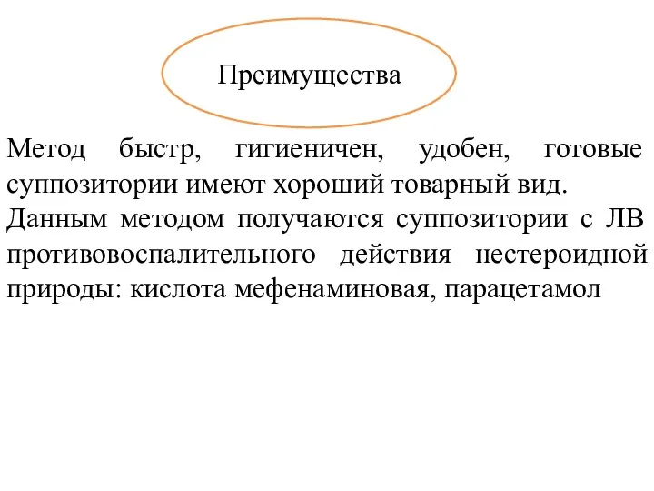 Метод быстр, гигиеничен, удобен, готовые суппозитории имеют хороший товарный вид.