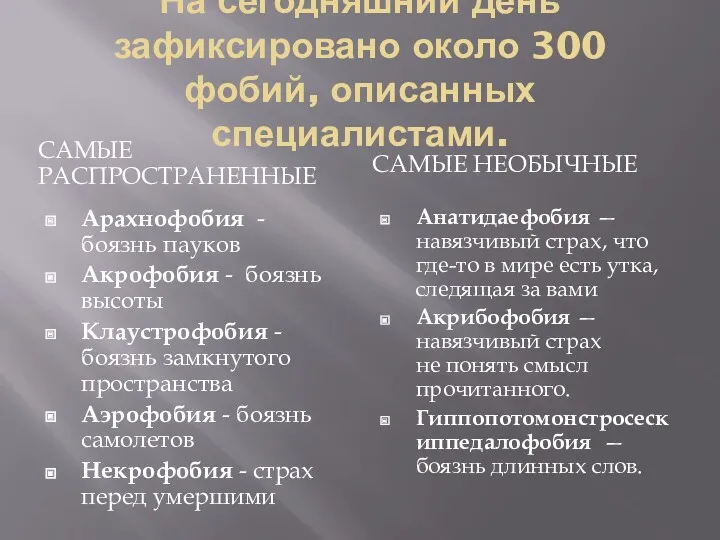 На сегодняшний день зафиксировано около 300 фобий, описанных специалистами. САМЫЕ