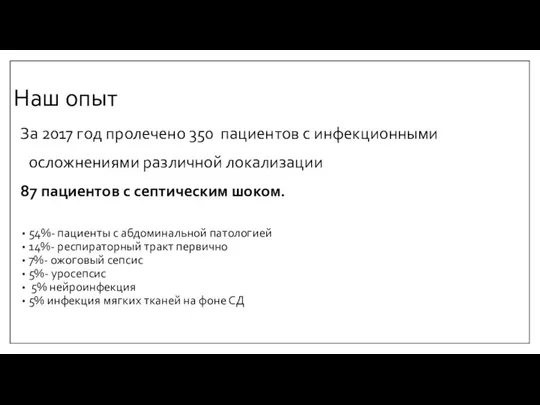 Наш опыт За 2017 год пролечено 350 пациентов с инфекционными