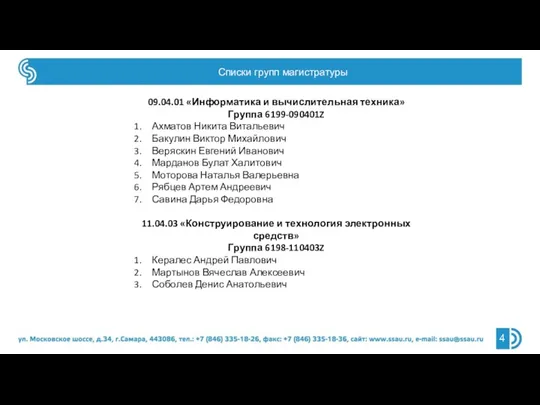 Списки групп магистратуры 09.04.01 «Информатика и вычислительная техника» Группа 6199-090401Z