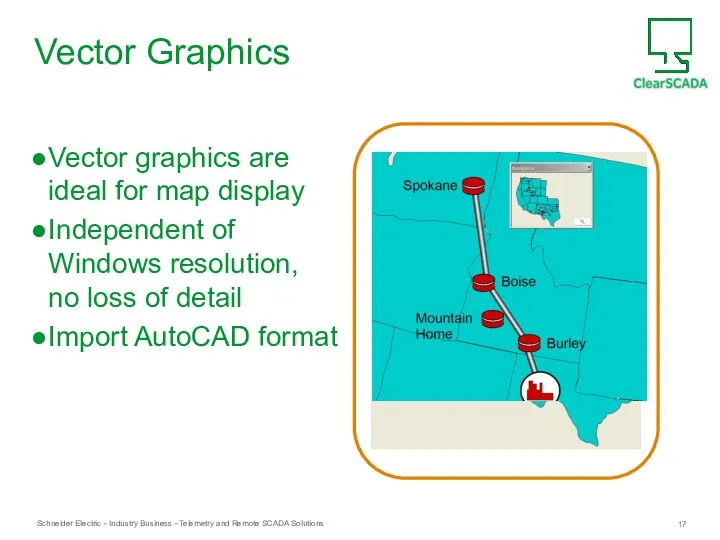 Vector Graphics Vector graphics are ideal for map display Independent of Windows resolution,