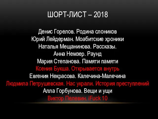 ШОРТ-ЛИСТ – 2018 Денис Горелов. Родина слоников Юрий Лейдерман. Моабитские