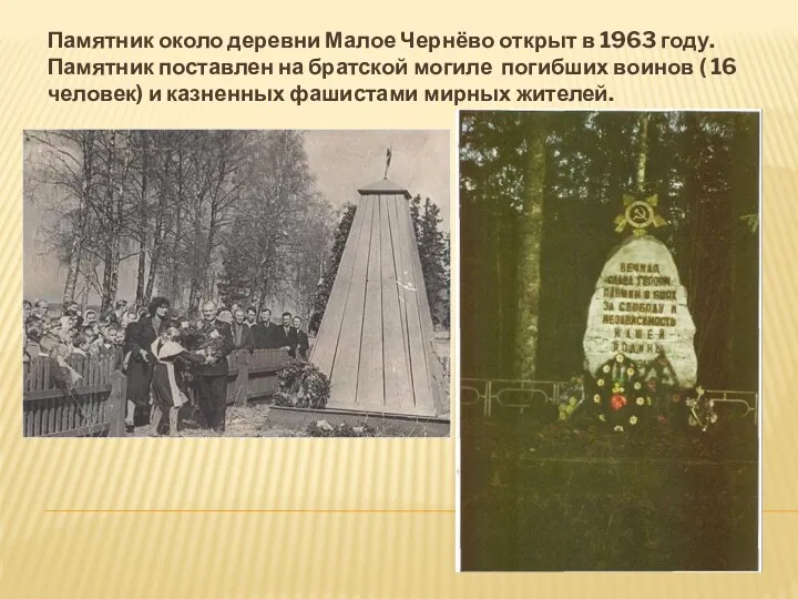 Памятник около деревни Малое Чернёво открыт в 1963 году. Памятник поставлен на братской