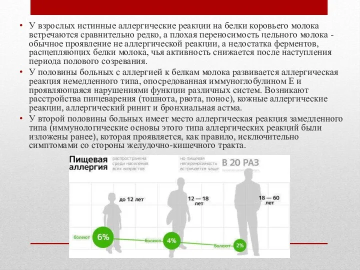 У взрослых истинные аллергические реакции на белки коровьего молока встречаются