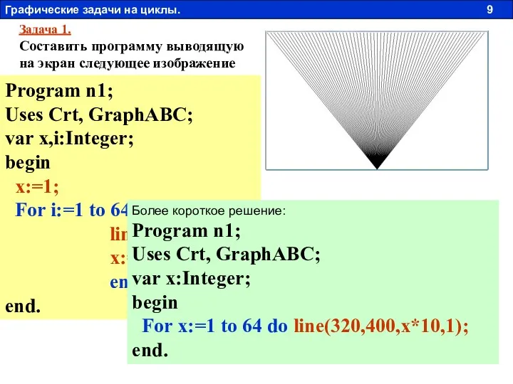 Задача 1. Составить программу выводящую на экран следующее изображение Program n1; Uses Crt,