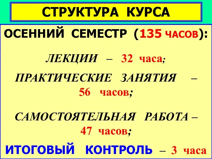 СТРУКТУРА КУРСА ОСЕННИЙ СЕМЕСТР (135 ЧАСОВ): ЛЕКЦИИ – 32 часа;