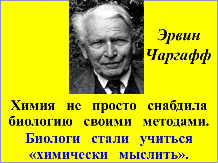 Эрвин Чаргафф Химия не просто снабдила биологию своими методами. Биологи стали учиться «химически мыслить».