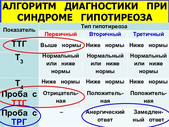 АЛГОРИТМ ДИАГНОСТИКИ ПРИ СИНДРОМЕ ГИПОТИРЕОЗА