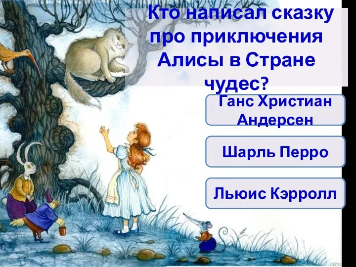 Кто написал сказку про приключения Алисы в Стране чудес? Ганс Христиан Андерсен Льюис Кэрролл Шарль Перро