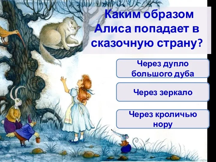 Каким образом Алиса попадает в сказочную страну? Через дупло большого дуба Через кроличью нору Через зеркало