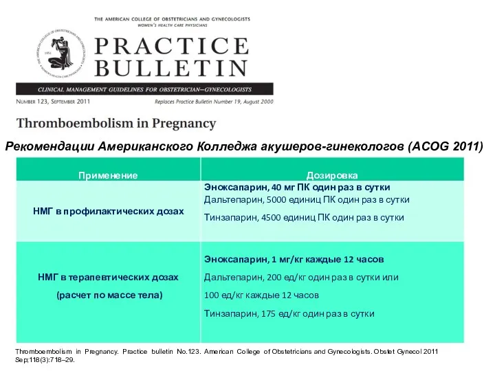 Рекомендации Американского Колледжа акушеров-гинекологов (ACOG 2011) Thromboembolism in Pregnancy. Practice