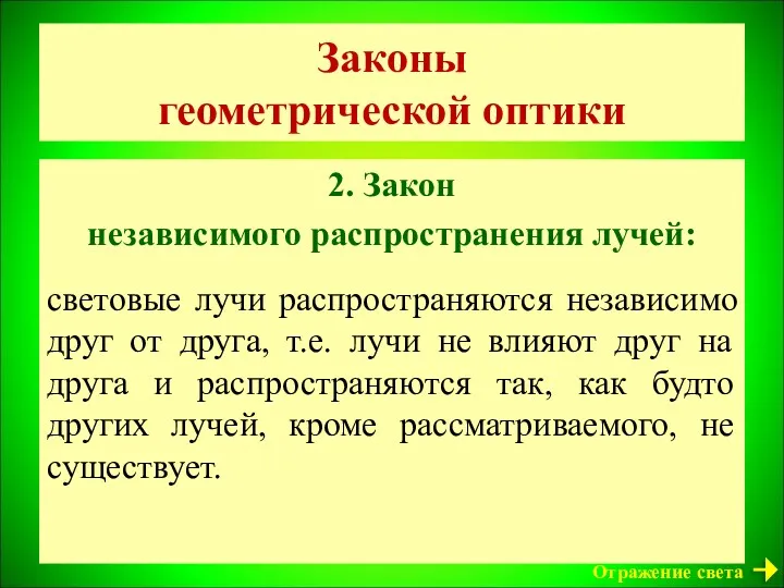 Законы геометрической оптики 2. Закон независимого распространения лучей: световые лучи