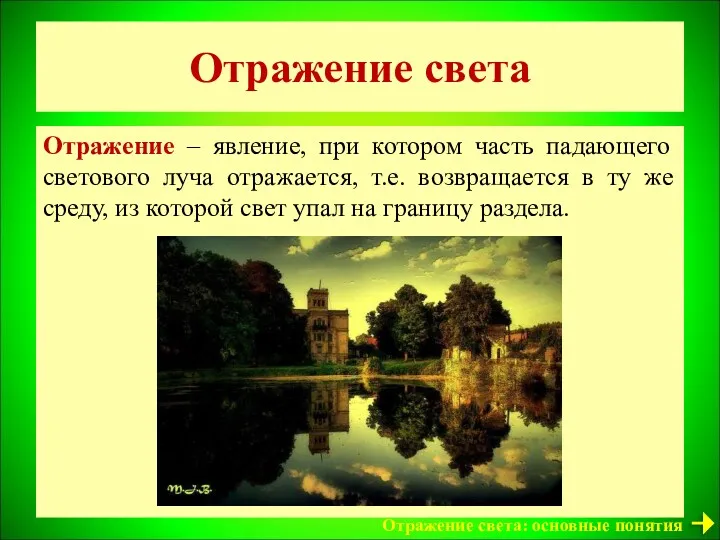 Отражение света Отражение – явление, при котором часть падающего светового