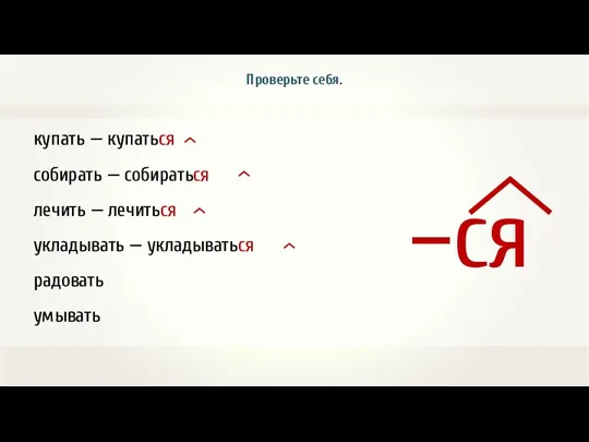 купать — купаться собирать — собираться лечить — лечиться укладывать — укладываться радовать умывать Проверьте себя.