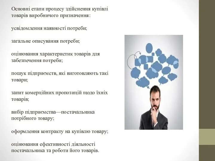 Основні етапи процесу здійснення купівлі товарів виробничого призначення: усвідомлення наявності