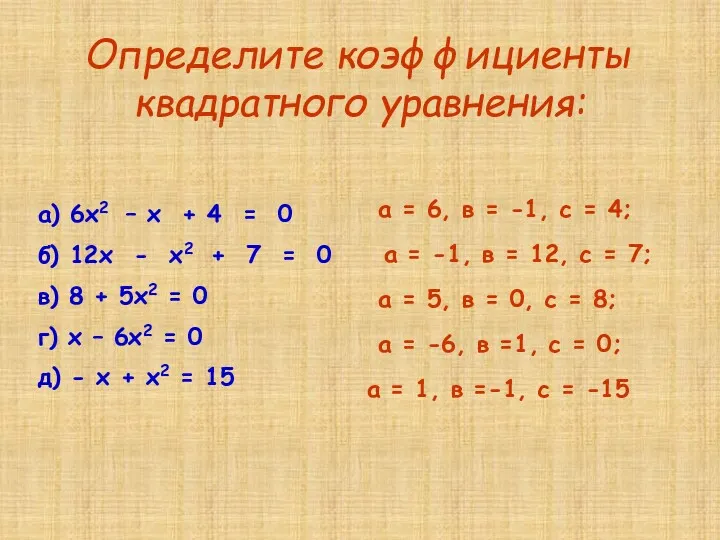 а) 6х2 – х + 4 = 0 б) 12х