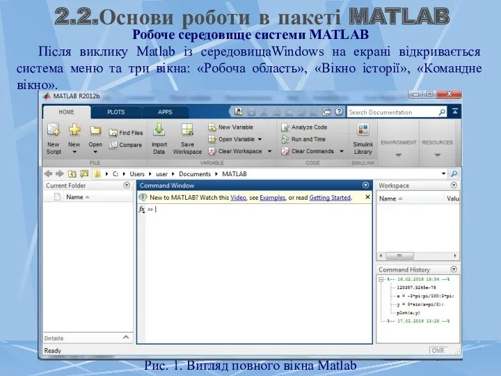 Робоче середовище системи MATLAB Після виклику Matlab із середовищаWindows на