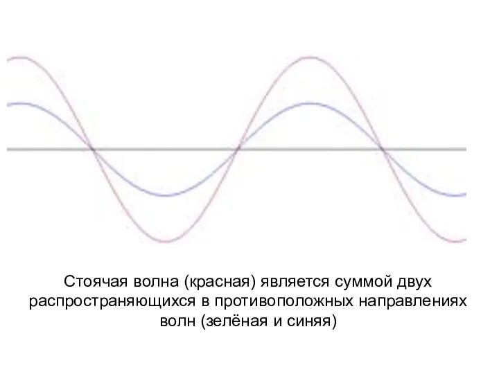 Стоячая волна (красная) является суммой двух распространяющихся в противоположных направлениях волн (зелёная и синяя)