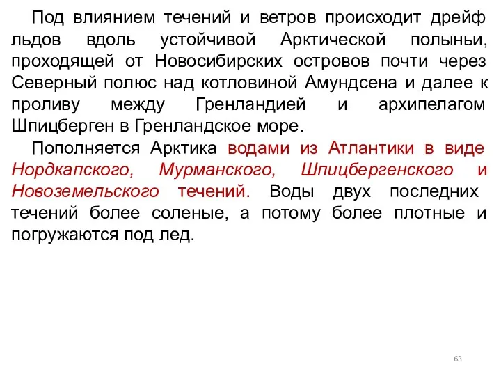 Под влиянием течений и ветров происходит дрейф льдов вдоль устойчивой Арктической полыньи, проходящей