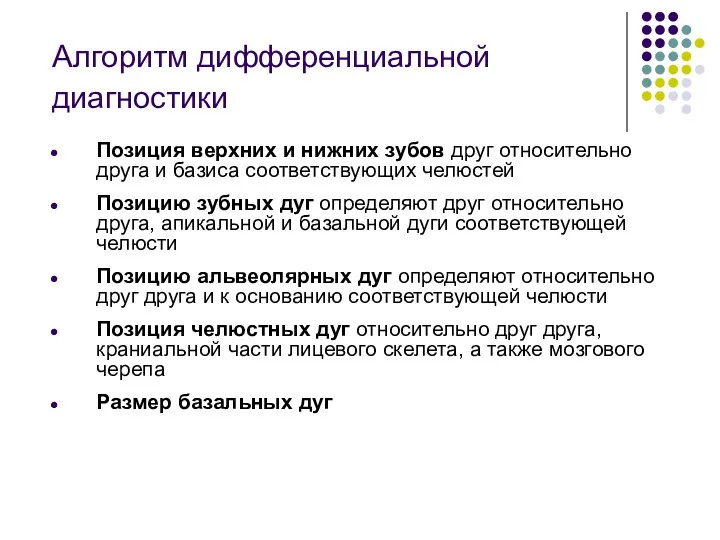 Алгоритм дифференциальной диагностики Позиция верхних и нижних зубов друг относительно