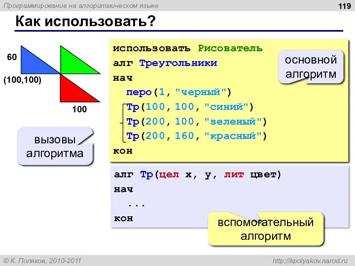 Как использовать? использовать Рисователь алг Треугольники нач перо(1, "черный") Тр(100,