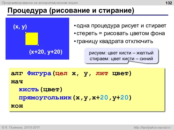 Процедура (рисование и стирание) алг Фигура(цел x, y, лит цвет)