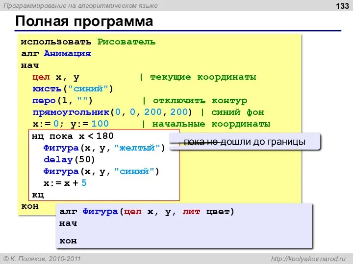 Полная программа использовать Рисователь алг Анимация нач цел x, y