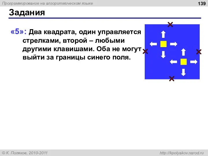 Задания «5»: Два квадрата, один управляется стрелками, второй – любыми