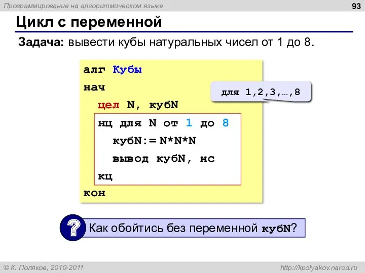 Цикл с переменной Задача: вывести кубы натуральных чисел от 1