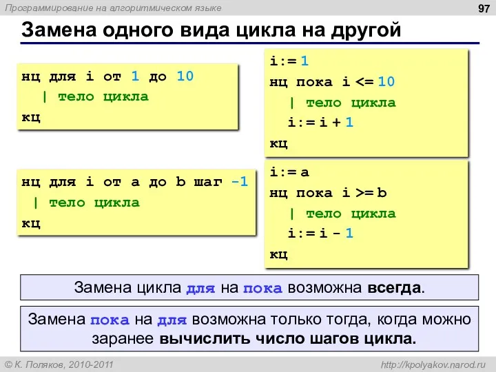 Замена одного вида цикла на другой нц для i от