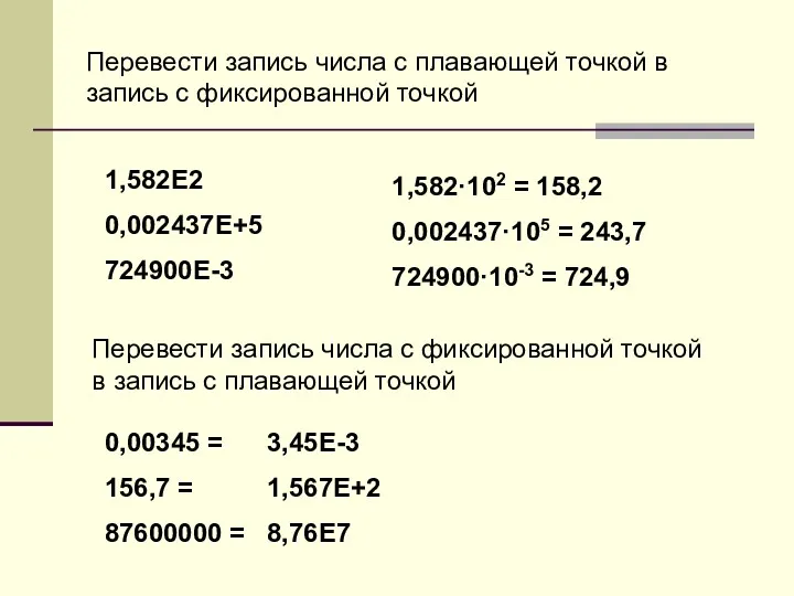 1,582·102 = 158,2 0,002437·105 = 243,7 724900·10-3 = 724,9 Перевести