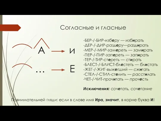 Согласные и гласные -БЕР-/-БИР-изберу — избирать -ДЕР-/-ДИР-раздеру—раздирать -МЕР-/-МИР-замереть — замирать