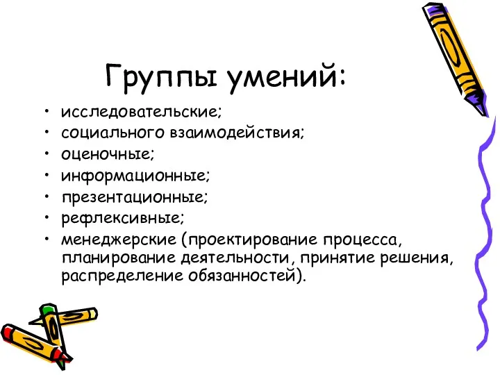 Группы умений: исследовательские; социального взаимодействия; оценочные; информационные; презентационные; рефлексивные; менеджерские (проектирование процесса, планирование