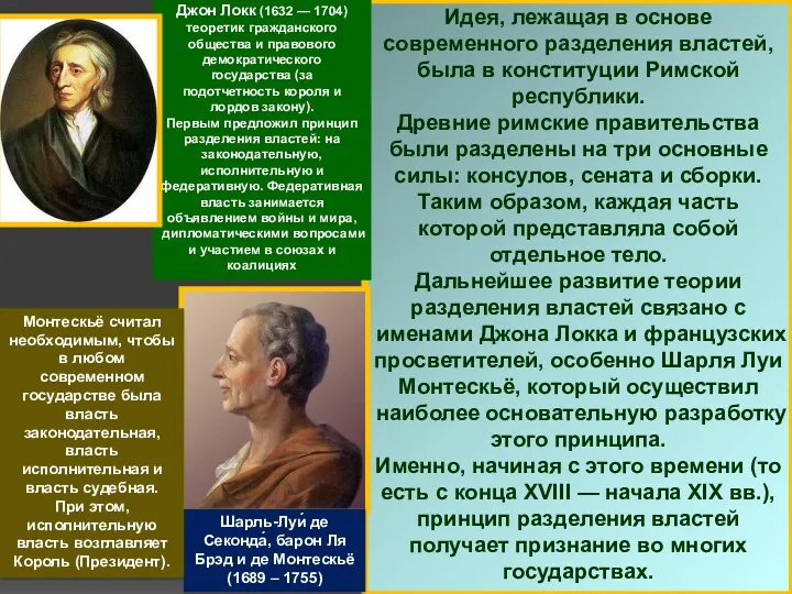 Идея, лежащая в основе современного разделения властей, была в конституции