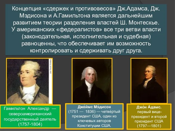 Концепция «сдержек и противовесов» Дж.Адамса, Дж. Мэдисона и А.Гамильтона является