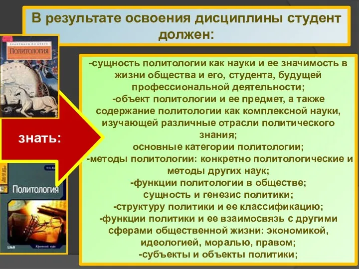 В результате освоения дисциплины студент должен: -сущность политологии как науки