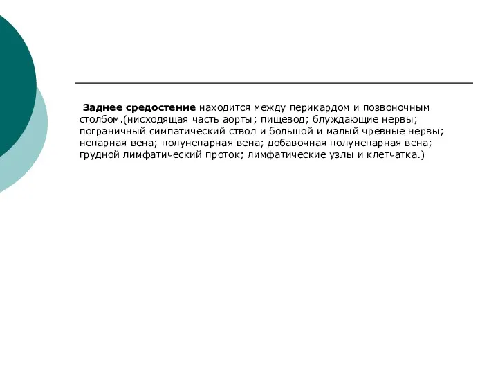 Заднее средостение находится между перикардом и позвоночным столбом.(нисходящая часть аорты;