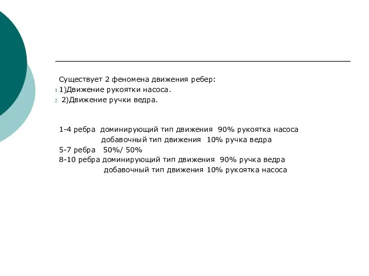 Существует 2 феномена движения ребер: 1)Движение рукоятки насоса. 2)Движение ручки