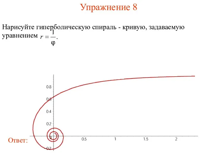 Упражнение 8 Нарисуйте гиперболическую спираль - кривую, задаваемую уравнением Ответ: