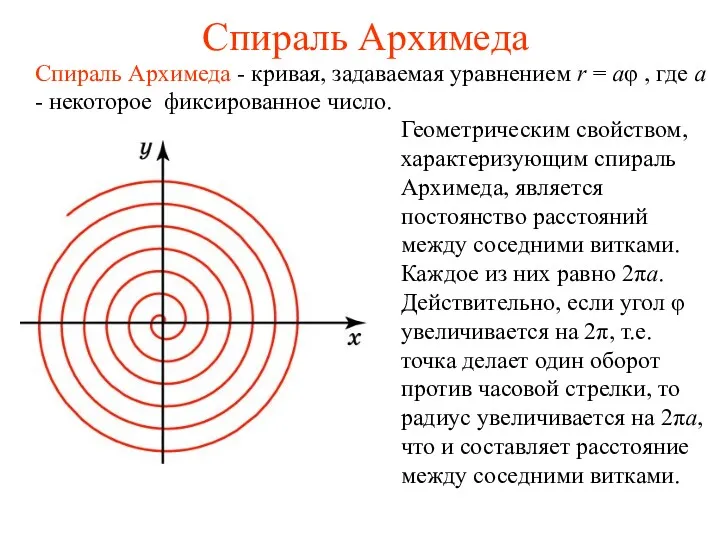 Спираль Архимеда Спираль Архимеда - кривая, задаваемая уравнением r = aφ , где