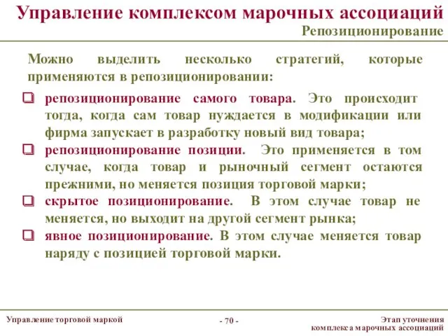 Управление комплексом марочных ассоциаций Репозиционирование Можно выделить несколько стратегий, которые