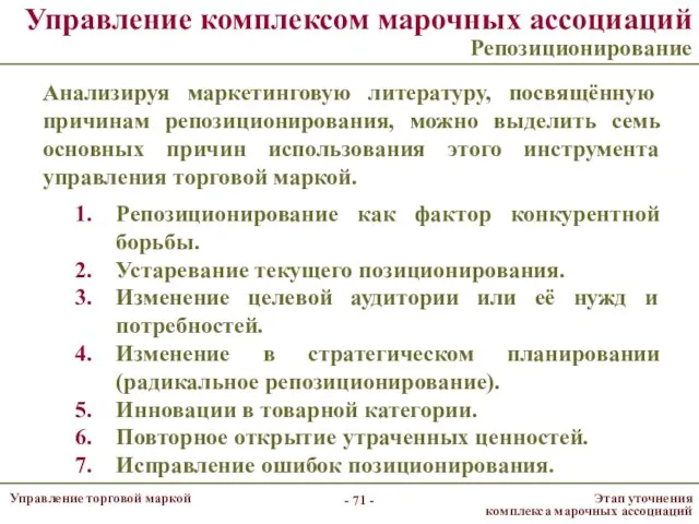 Управление комплексом марочных ассоциаций Репозиционирование Анализируя маркетинговую литературу, посвящённую причинам