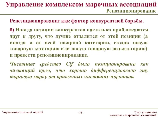 Управление комплексом марочных ассоциаций Репозиционирование Репозиционирование как фактор конкурентной борьбы.