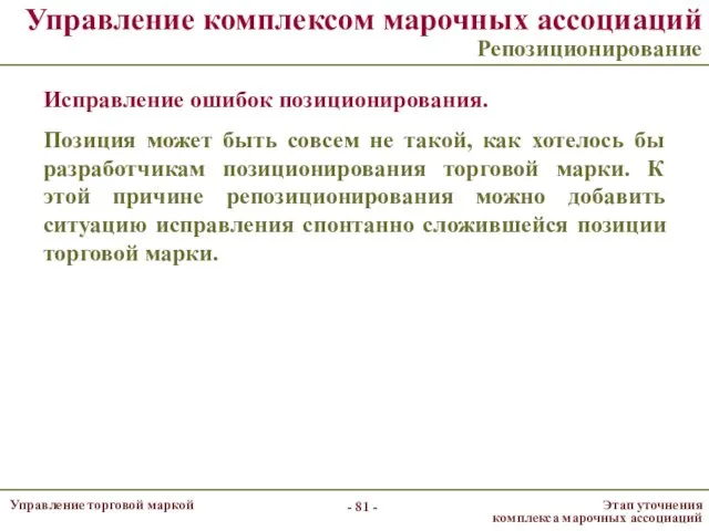 Управление комплексом марочных ассоциаций Репозиционирование Исправление ошибок позиционирования. Позиция может