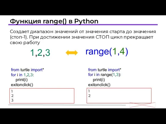 Функция range() в Python Создает диапазон значений от значения старта