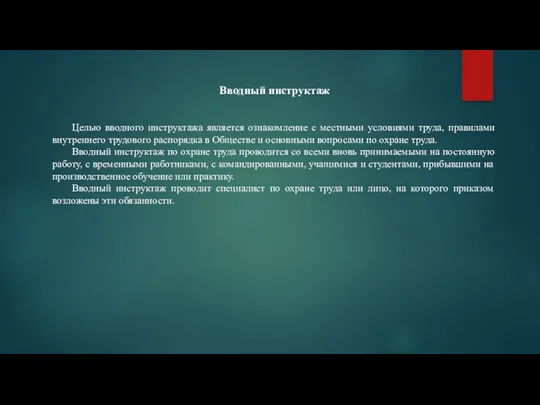 Вводный инструктаж Целью вводного инструктажа является ознакомление с местными условиями