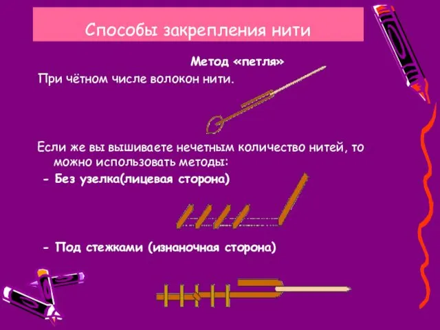 Способы закрепления нити Метод «петля» При чётном числе волокон нити.