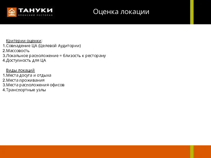 Оценка локации Критерии оценки: Совпадение ЦА (Целевой Аудитории) Массовость Локальное