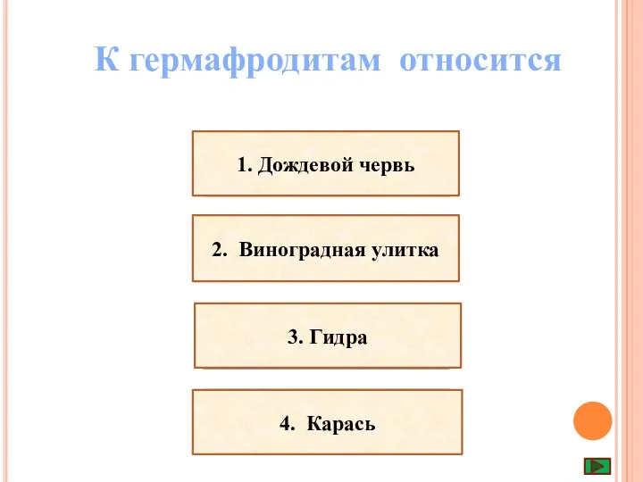 К гермафродитам относится неверно верно 1. Дождевой червь 2. Виноградная улитка 3. Гидра 4. Карась