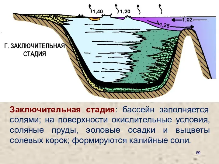 Заключительная стадия: бассейн заполняется солями; на поверхности окислительные условия, соляные